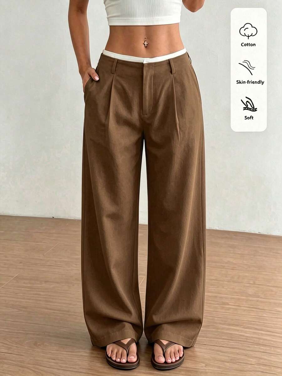 versatile camel draped straight leg trousers