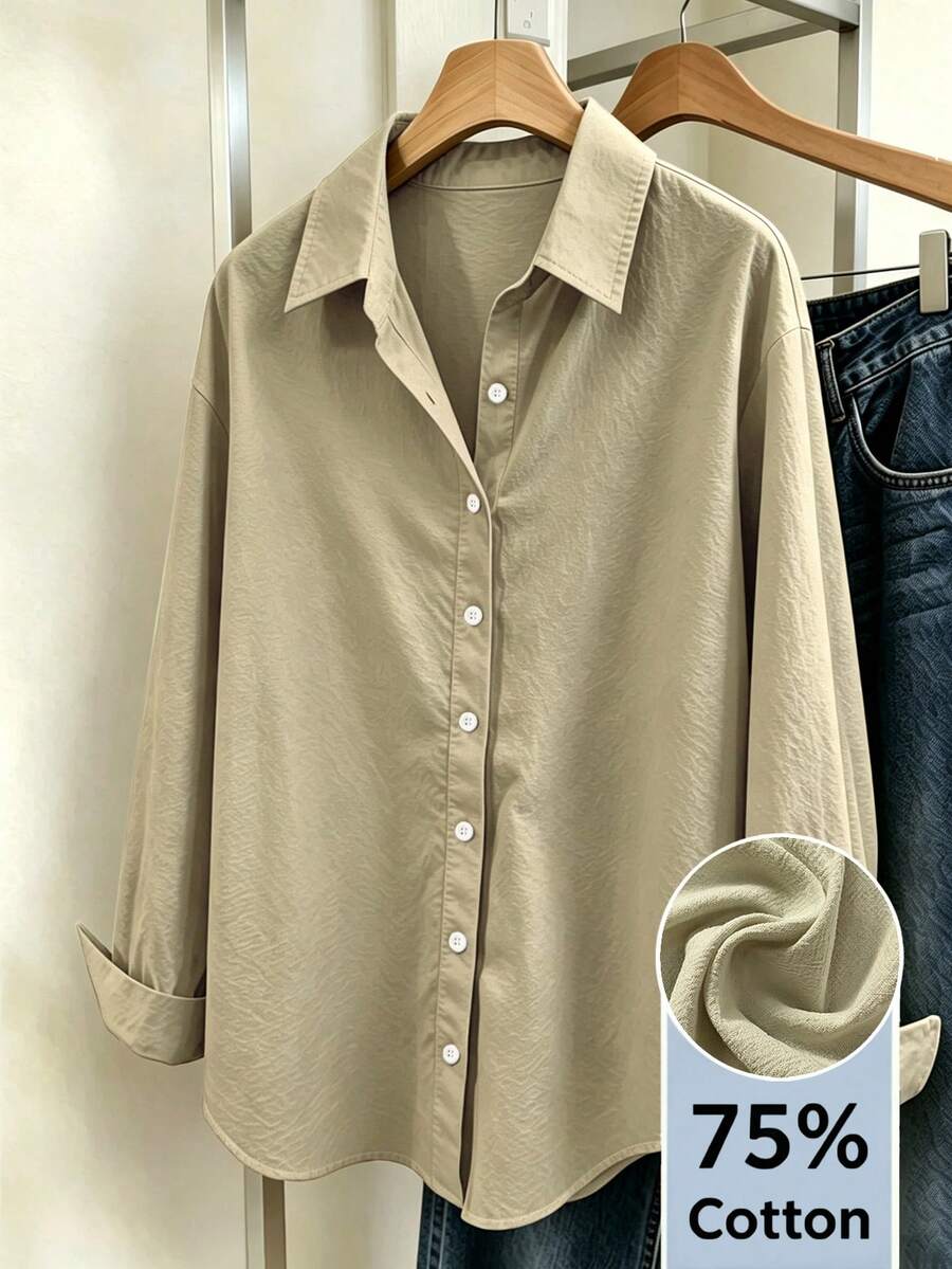 khaki cotton blend button down shirt