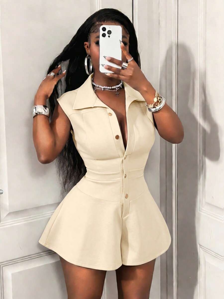 apricot sleeveless collared romper with flared shorts