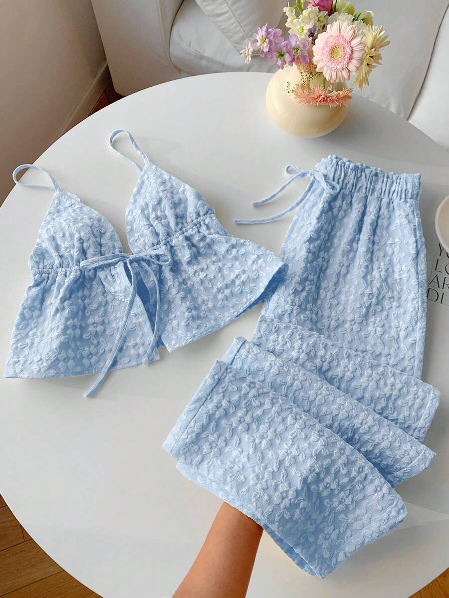 baby blue textured camisole and matching wide-leg trousers set