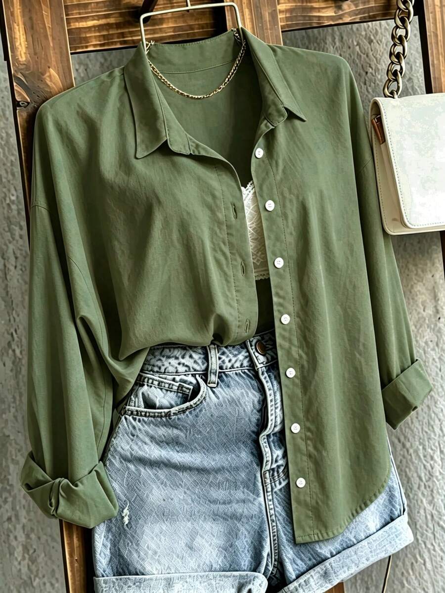 olive green patchwork cotton button-down shirt