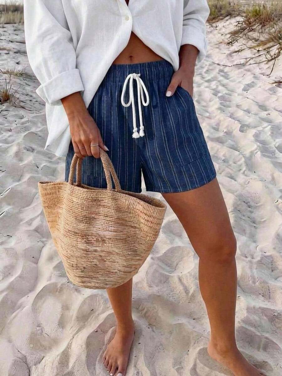 striped textured jacquard elastic waist casual shorts
