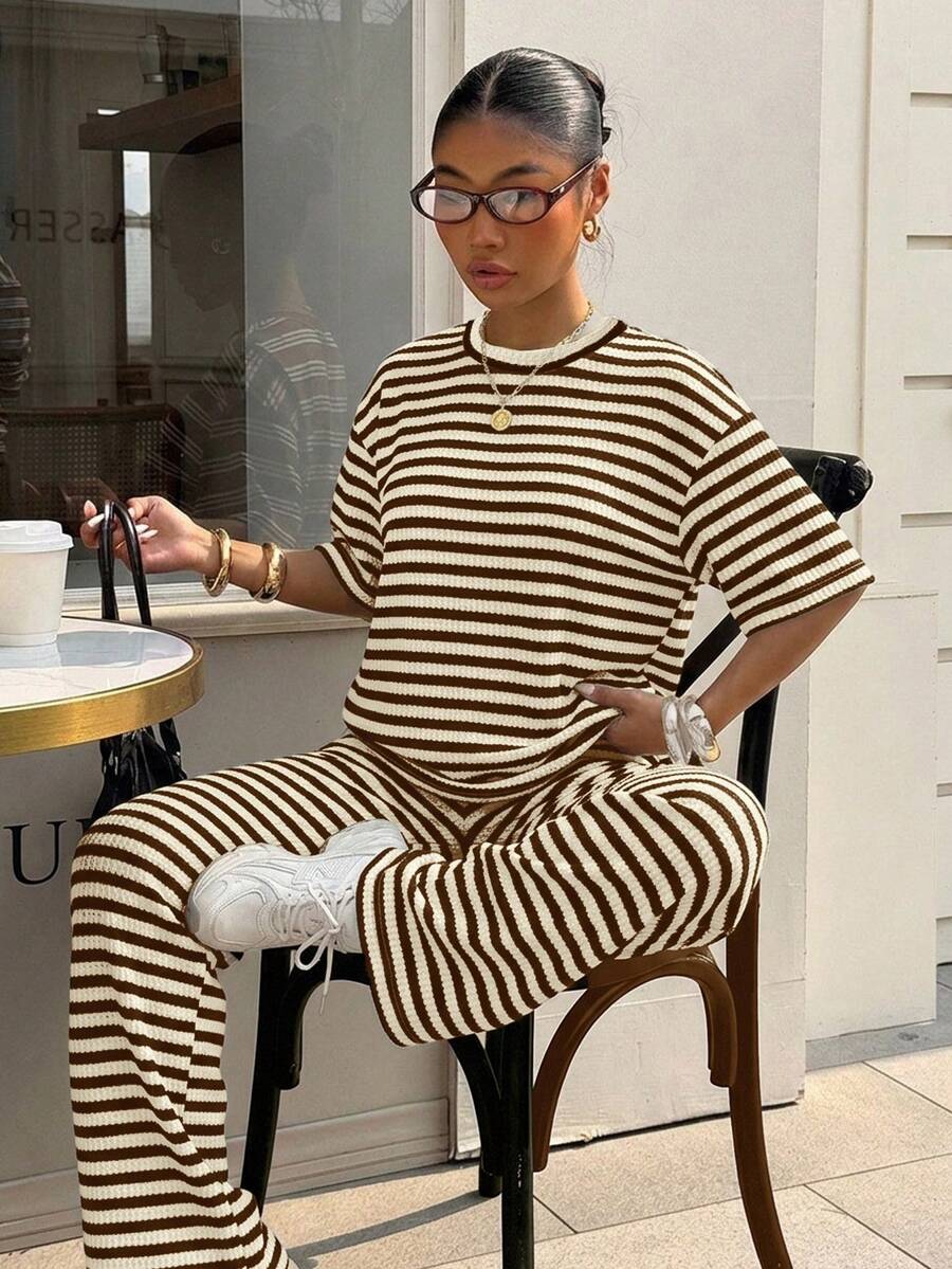 espresso and cream striped knit casual trousers