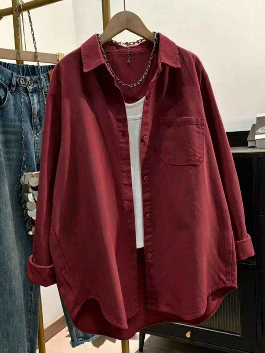 solid burgundy cotton button-down casual shirt