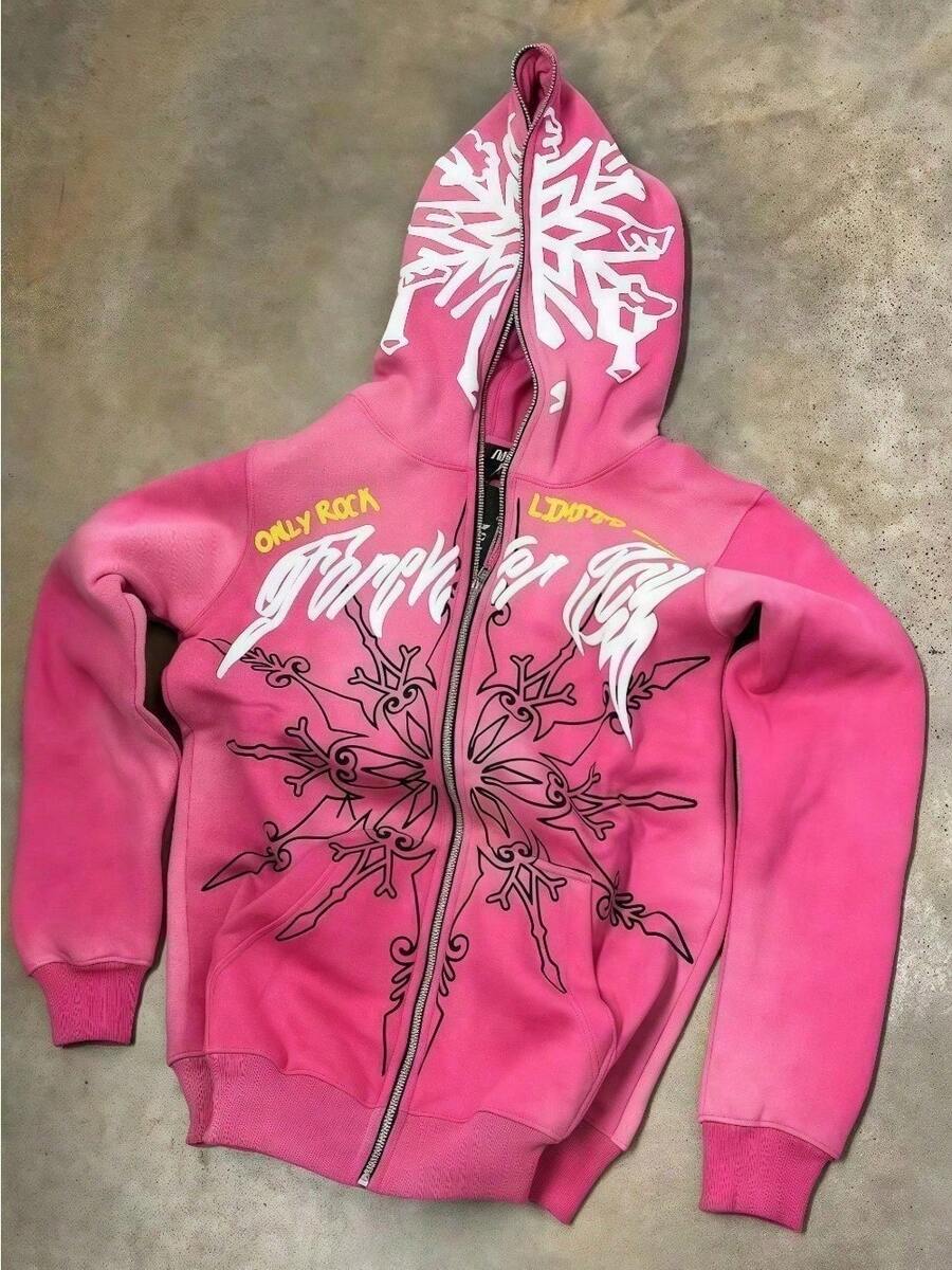 pink snow pattern printed casual zip-up hoodie