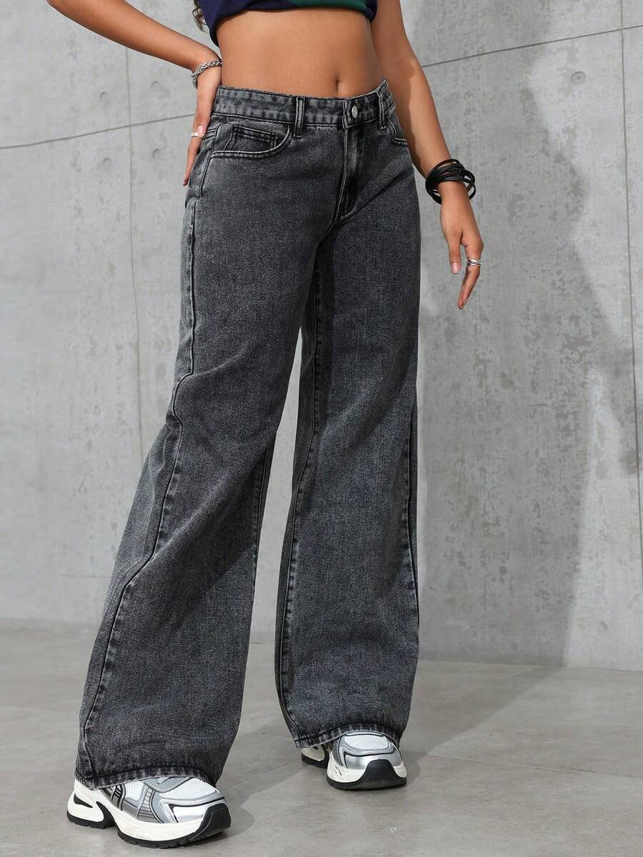 casual washed low-waist straight-leg grey jeans