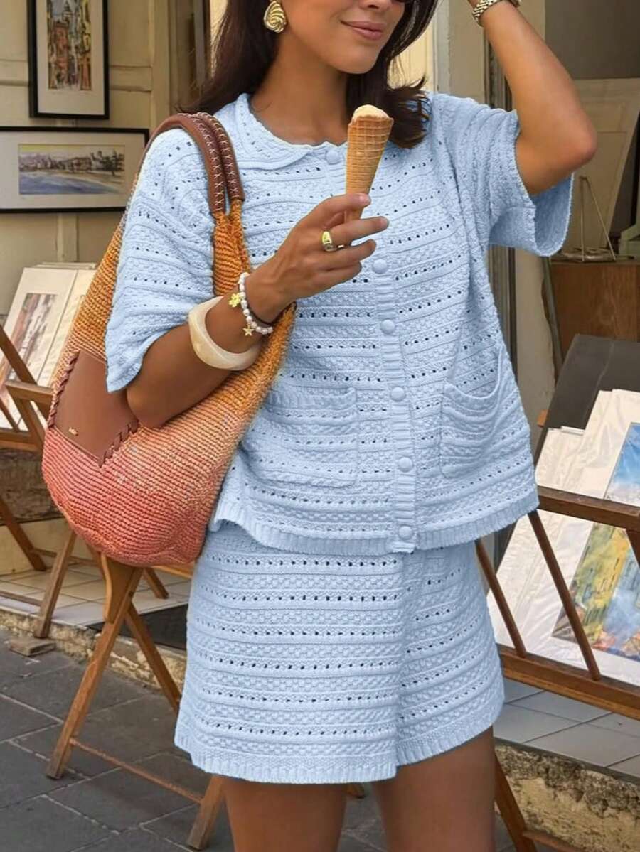 baby blue short sleeve buttoned knit cardigan