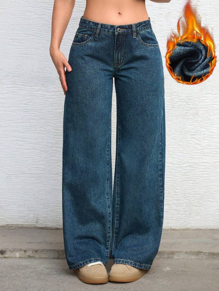 casual washed low-waist straight-leg indigo jeans