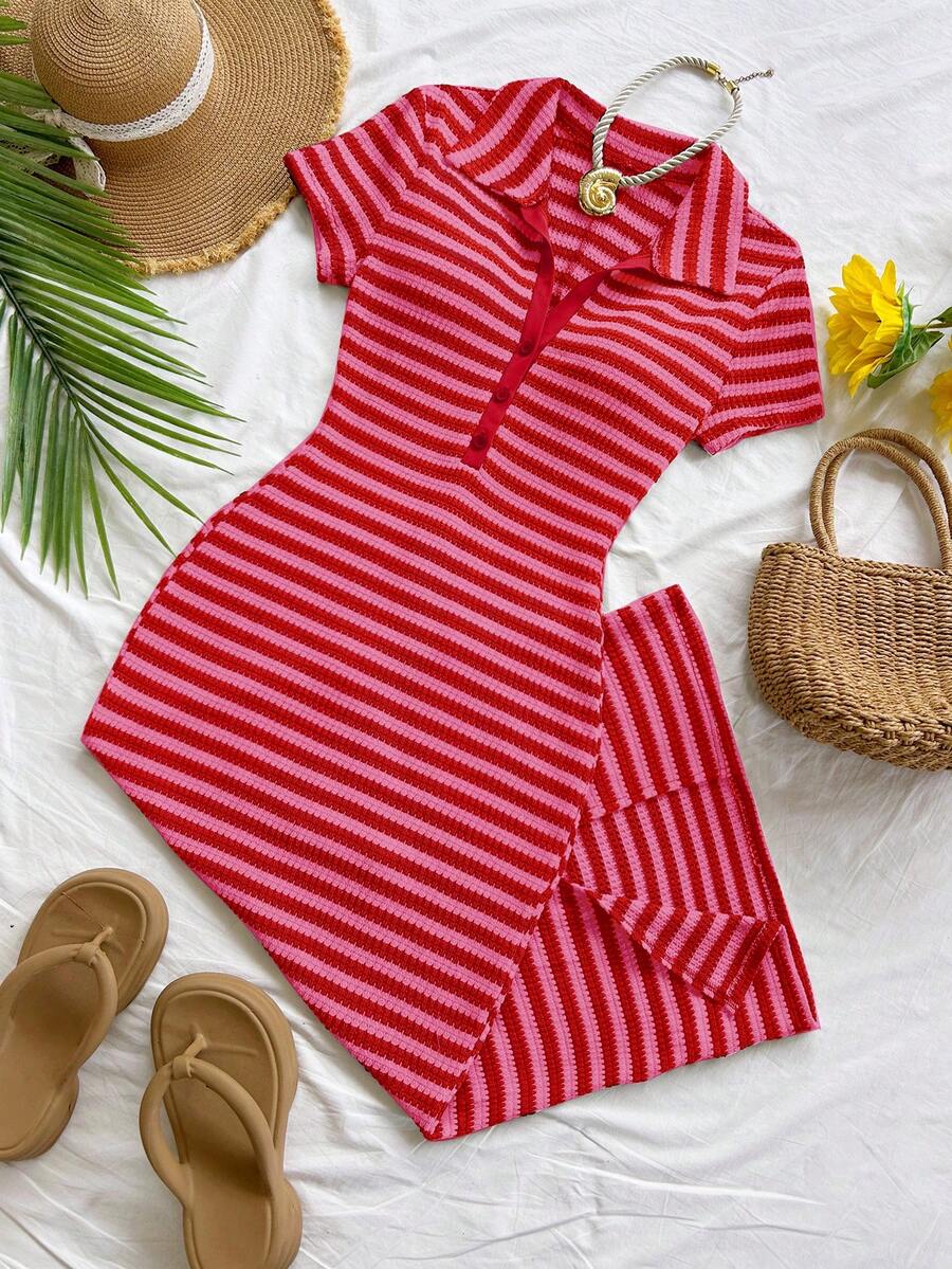 red striped ribbed polo midi dress
