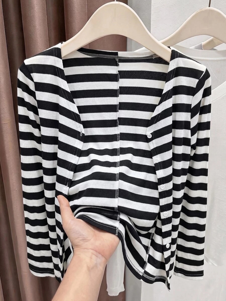 black and white striped sheer hollow knit v-neck cardigan