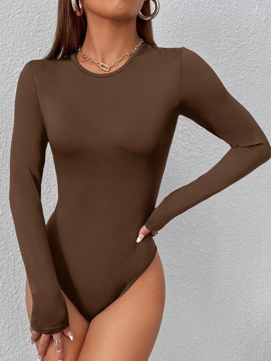 mocha brown long sleeve slim fit bodysuit