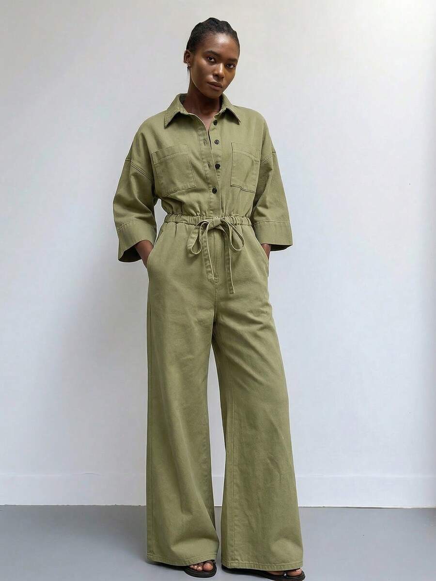 army green denim jumpsuit with elastic waist and tie