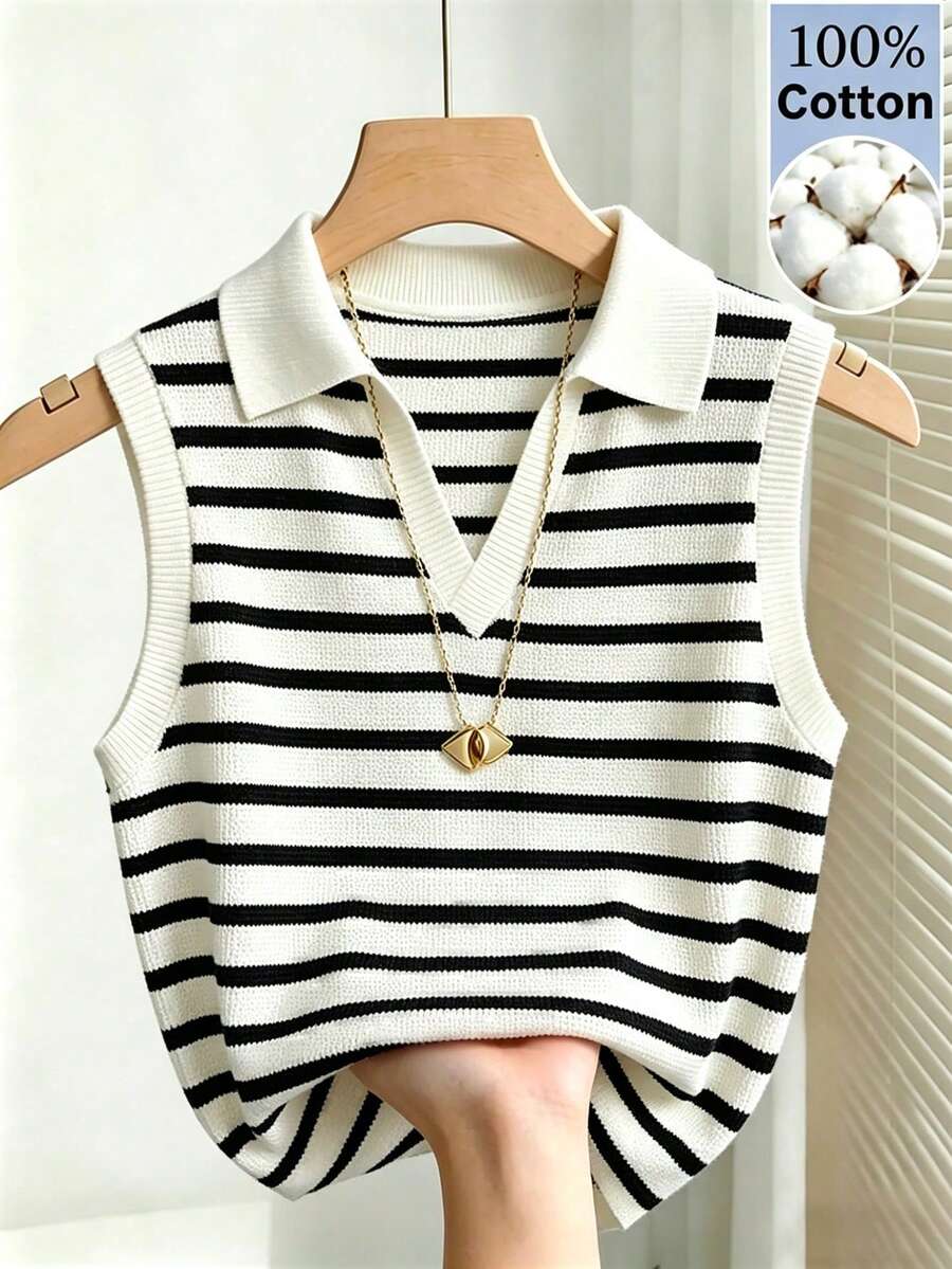 apricot and white striped knit polo vest