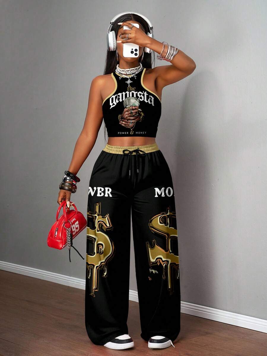 gold and black graphic athleisure coord set