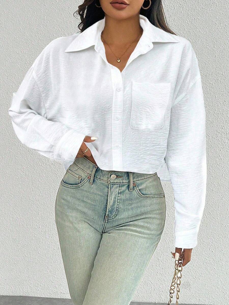 white button front long sleeve casual shirt