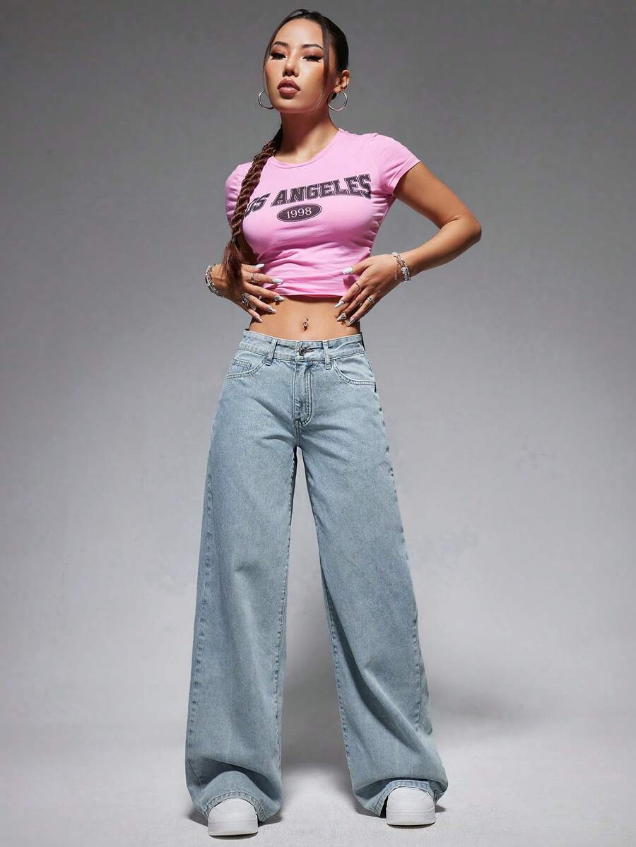casual washed low-waist straight-leg bleached jeans