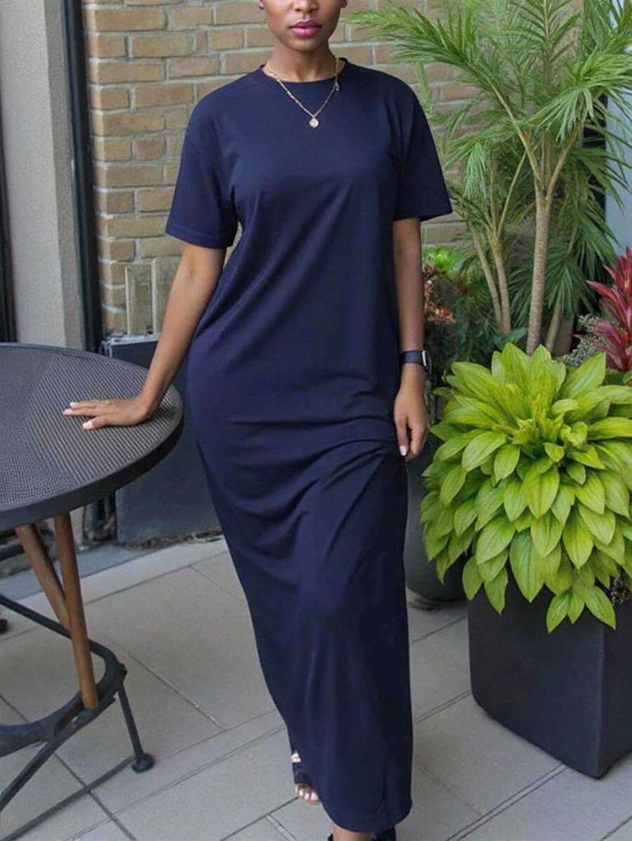 dark navy crew neck short sleeve maxi dress