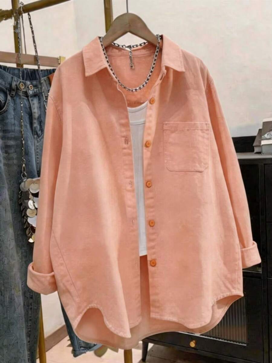 solid orange pink cotton button-down casual shirt