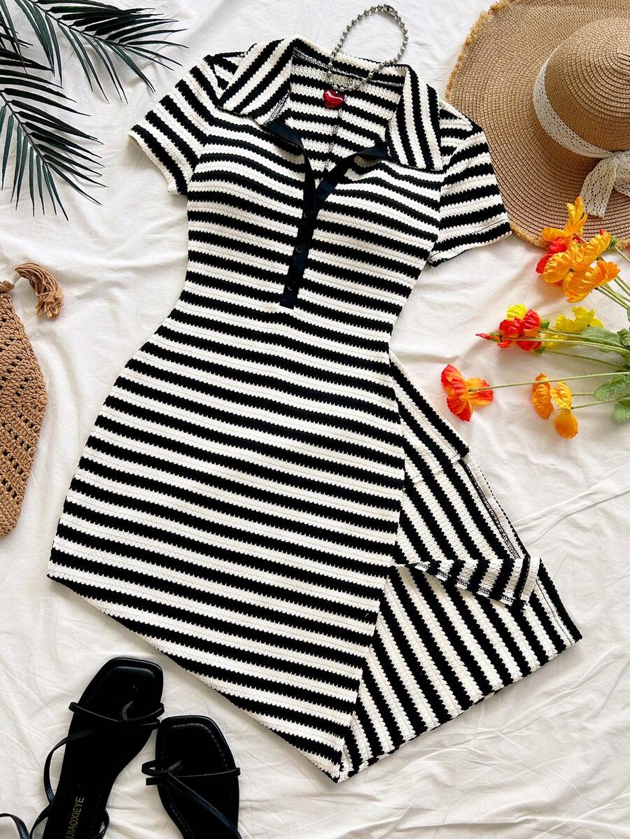 black and white striped ribbed polo midi dress
