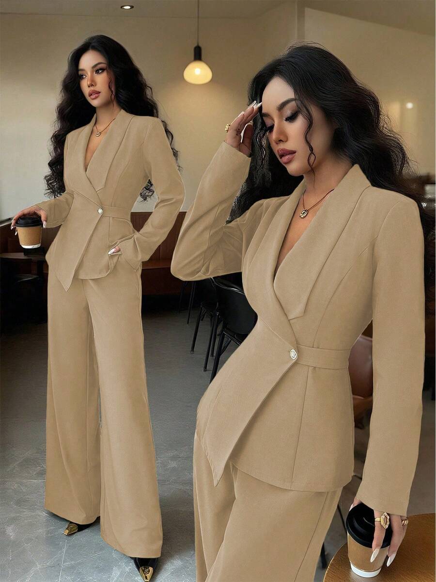 khaki tailored blazer and wide-leg trousers set