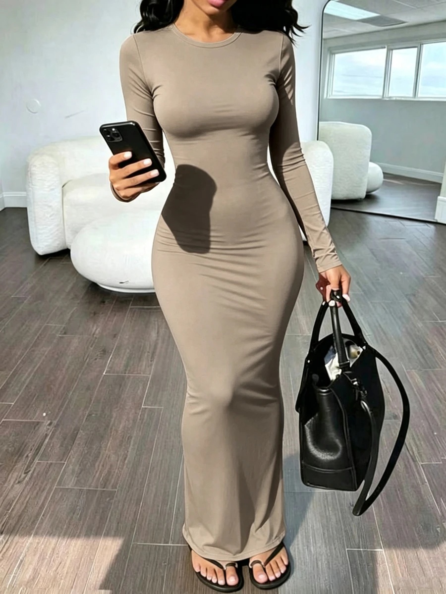 camel long sleeve minimalist maxi dress