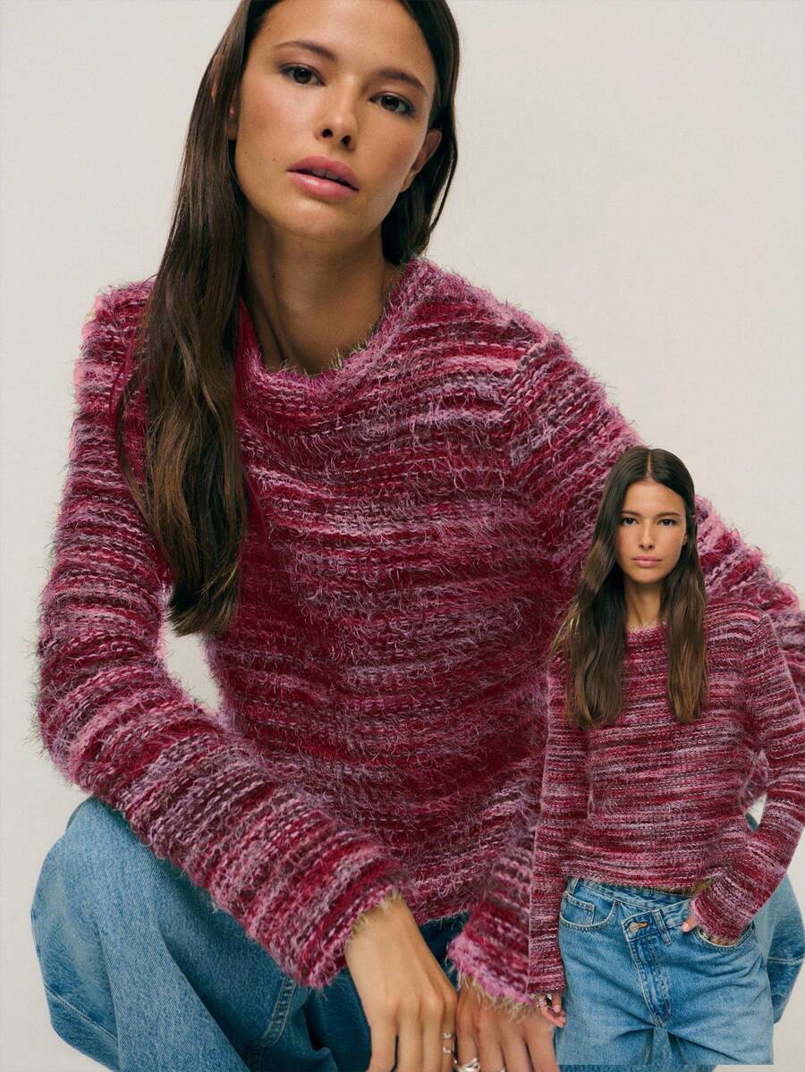 hot pink soft textured striped knit sweater