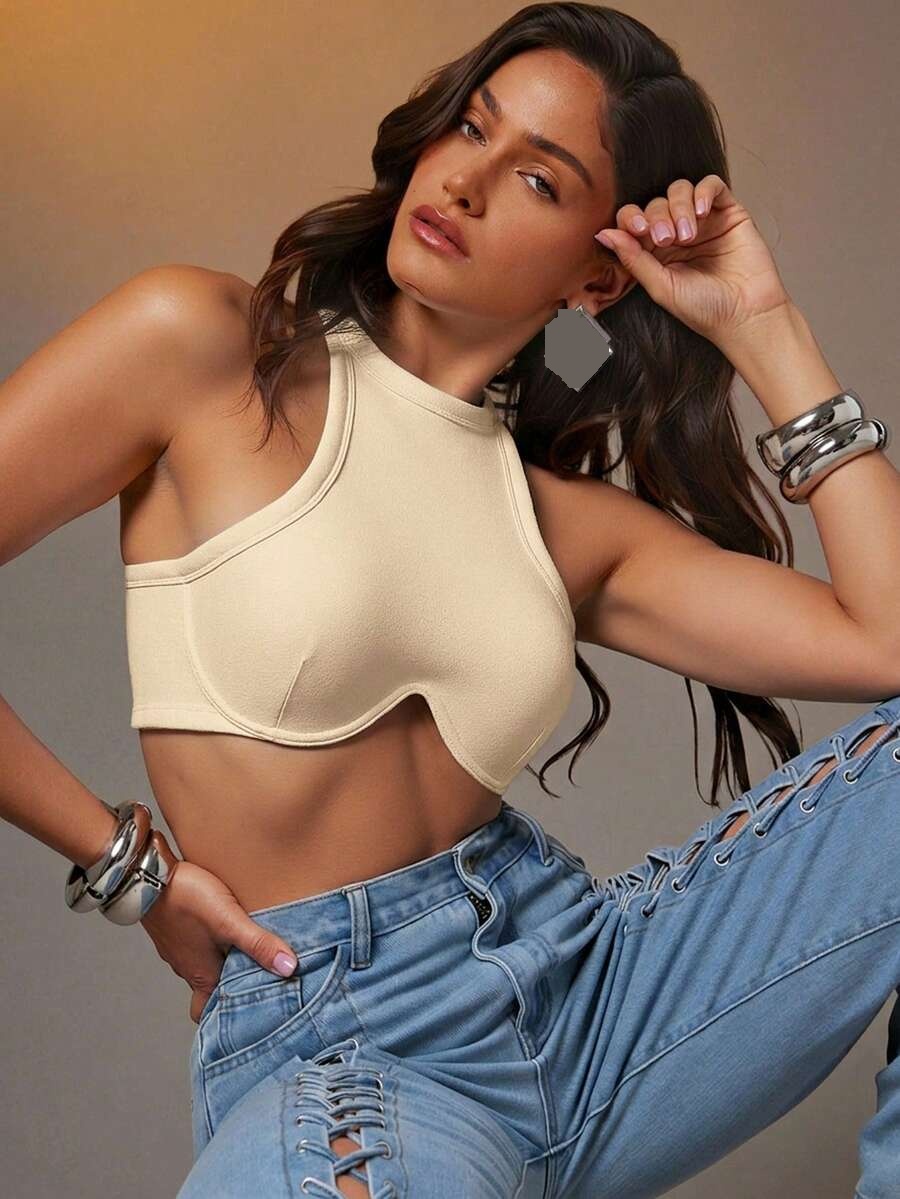 denimoi solid cream apricot sleeveless crop top