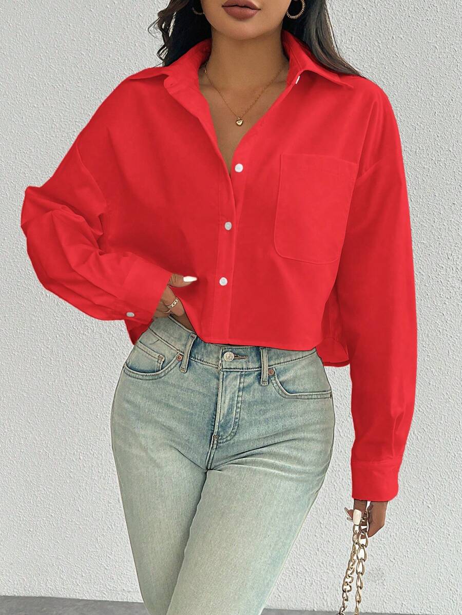 red button front long sleeve casual shirt