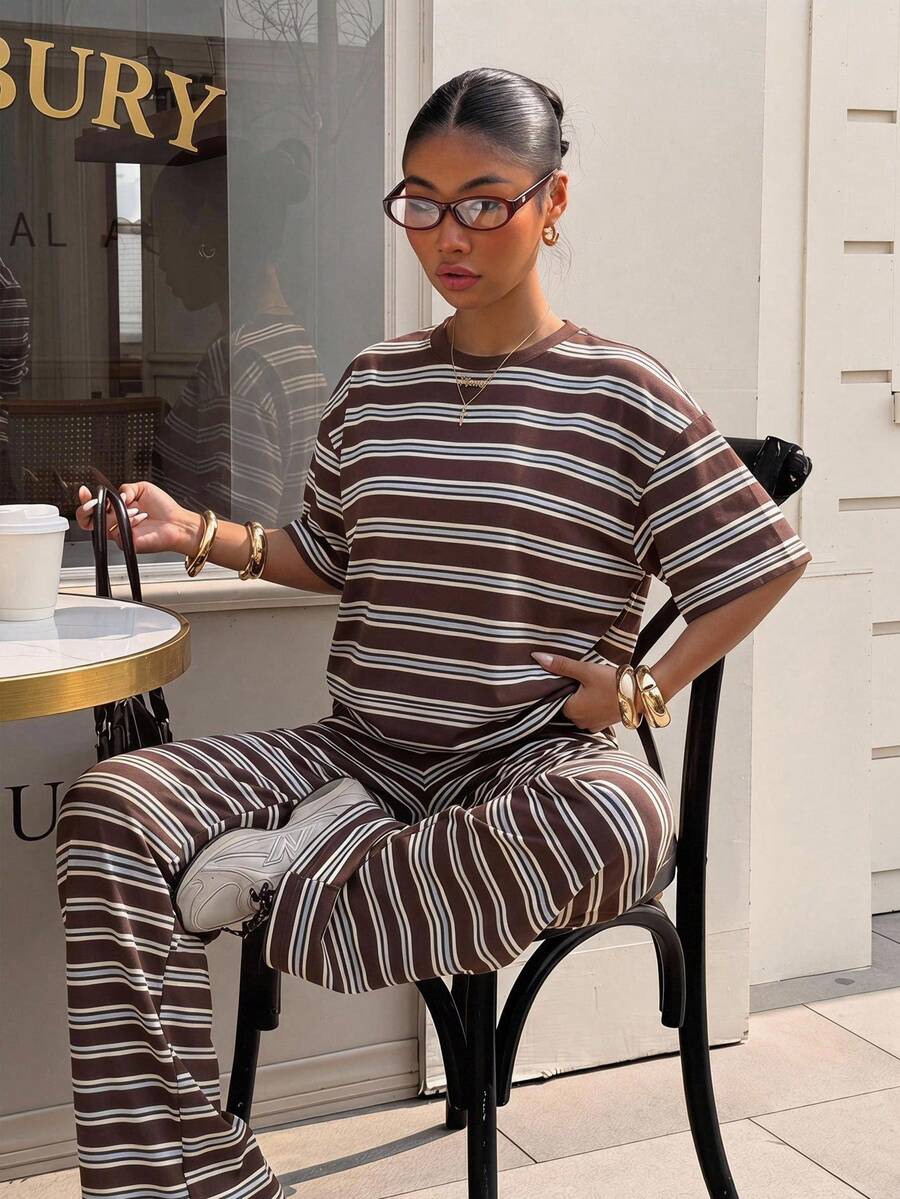 chocolate and blue striped knit casual trousers