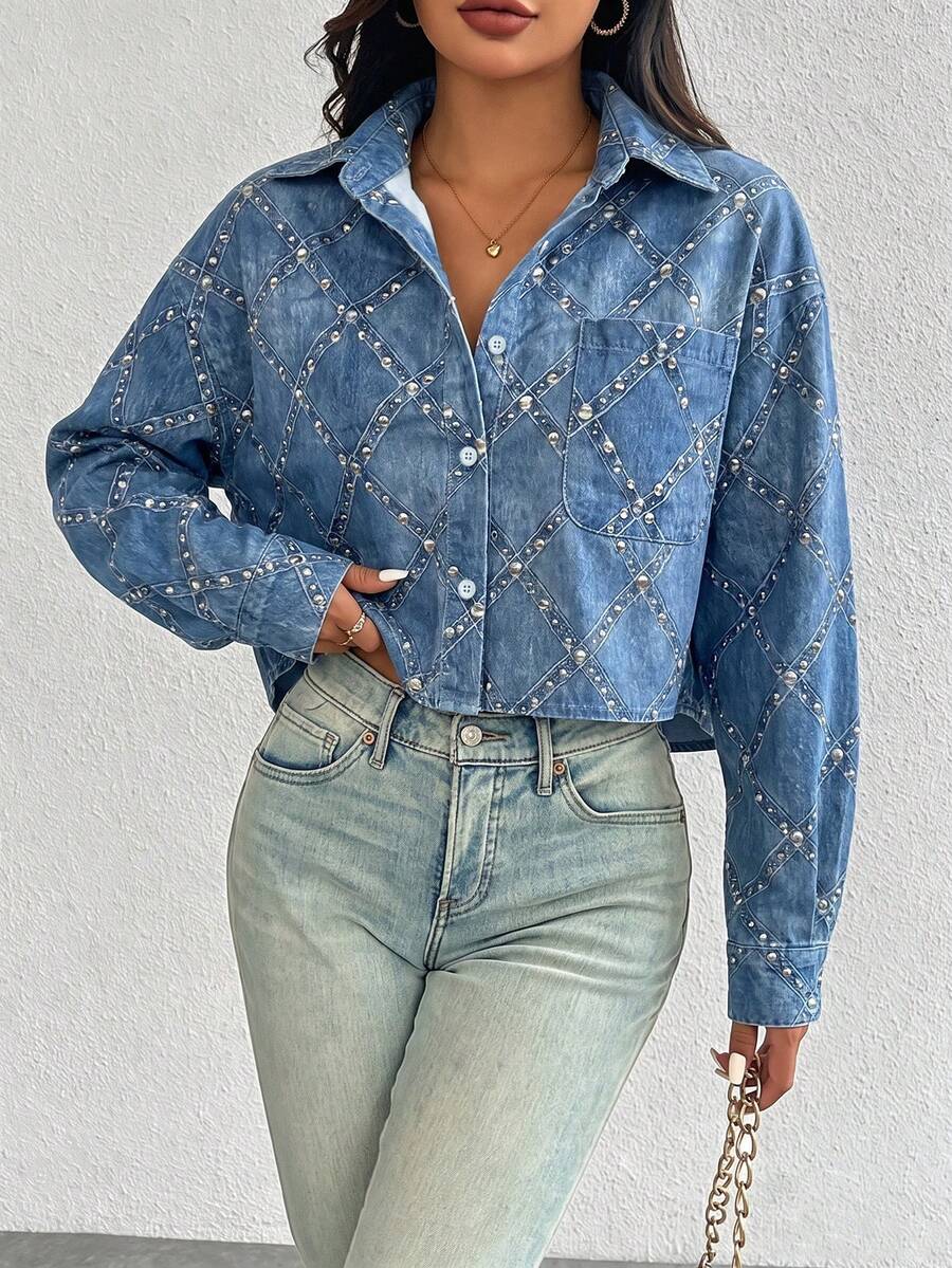 studded blue button front long sleeve casual shirt