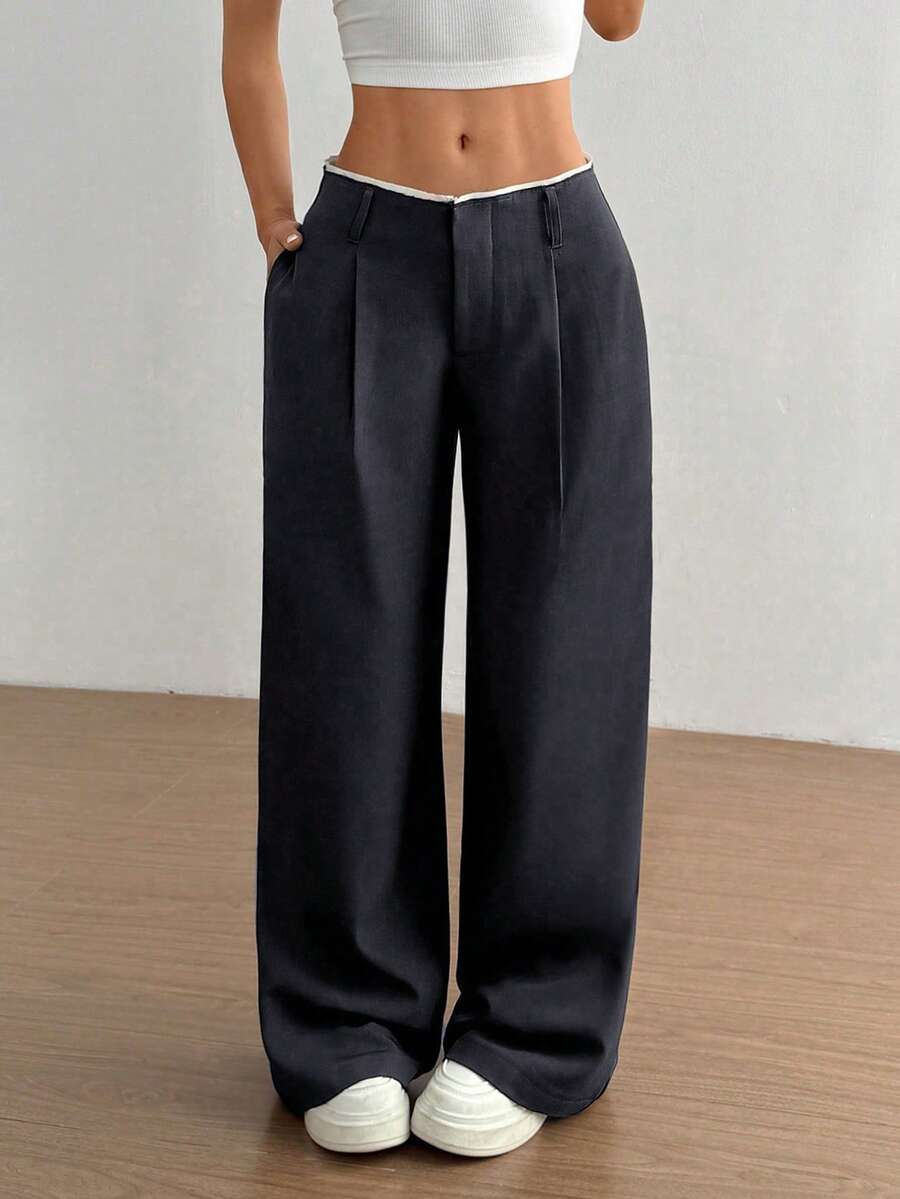 versatile midnight blue draped straight leg trousers
