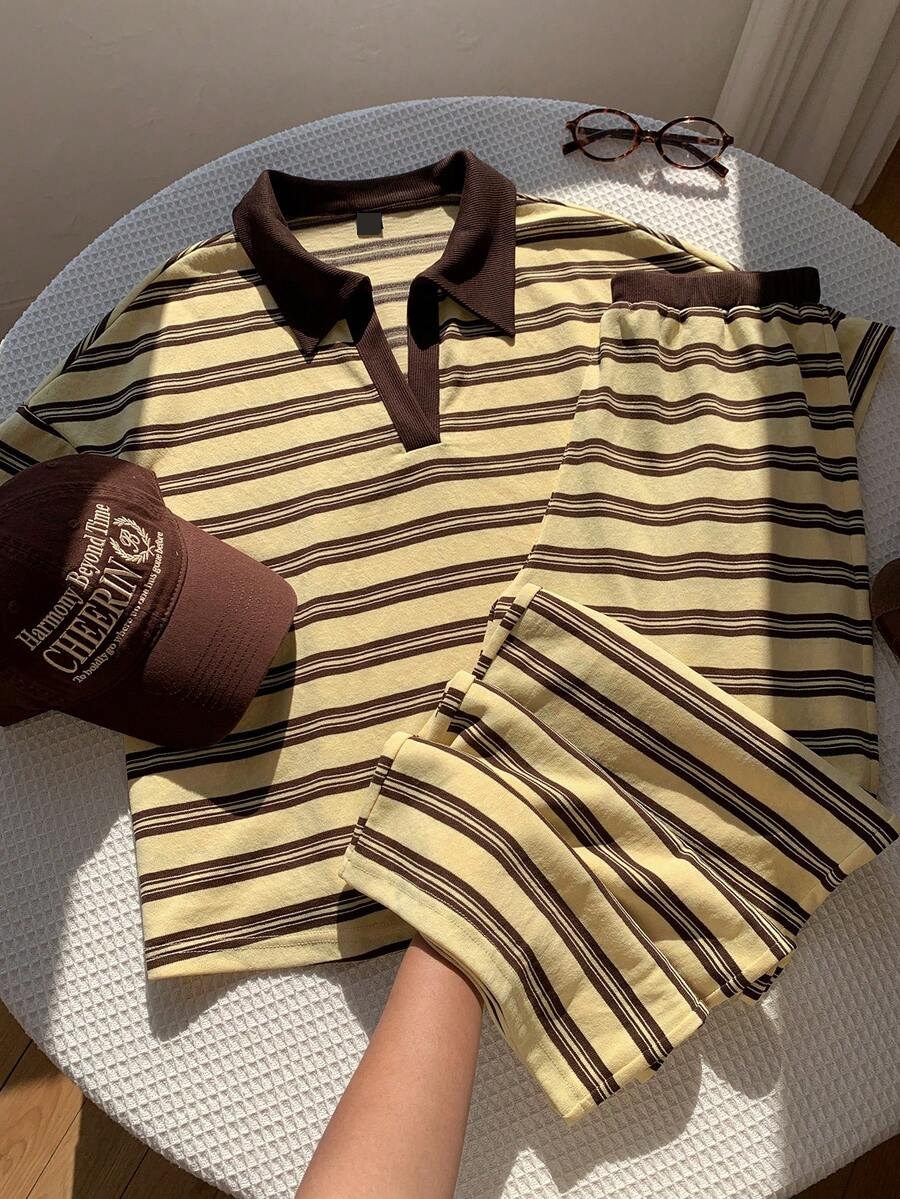yellow striped short sleeve polo top