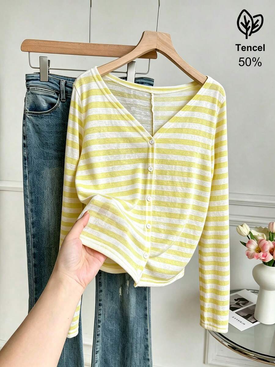 mustard yellow stripe sheer hollow knit v-neck cardigan