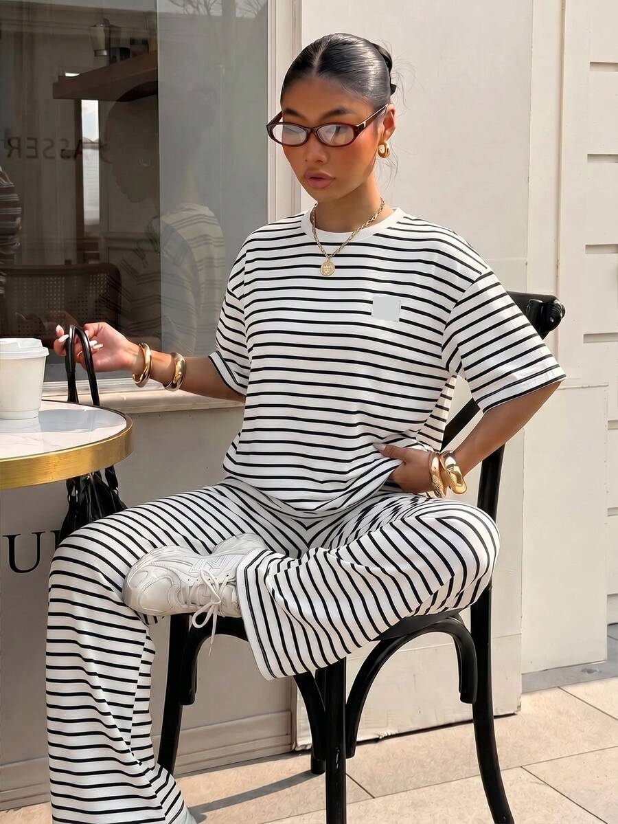 white and white striped knit casual trousers