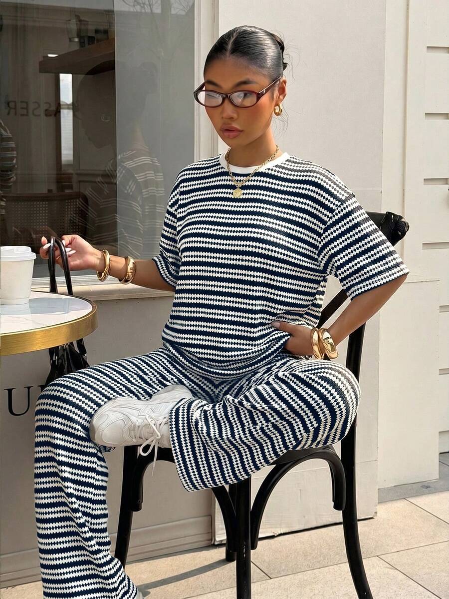 navy blue and white striped knit casual trousers