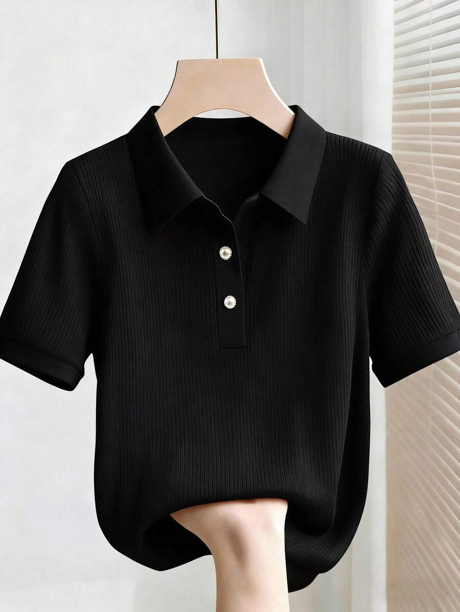 black ribbed knit polo shirt
