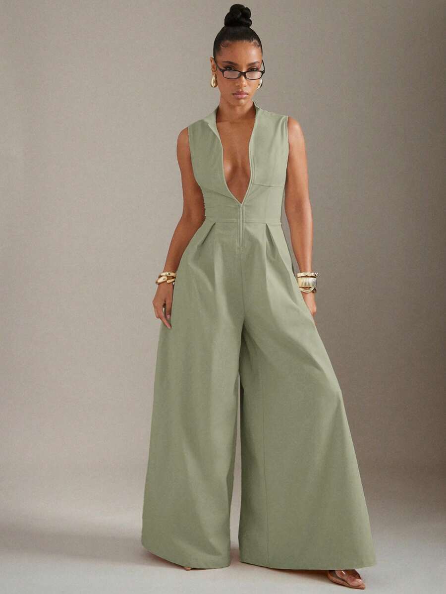 light green sleeveless zip front wide leg jumpsuit