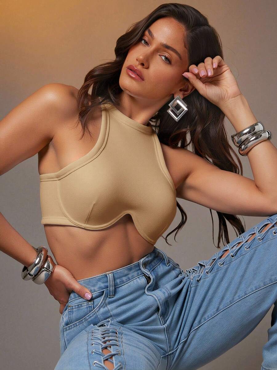 denimoi solid apricot sleeveless crop top