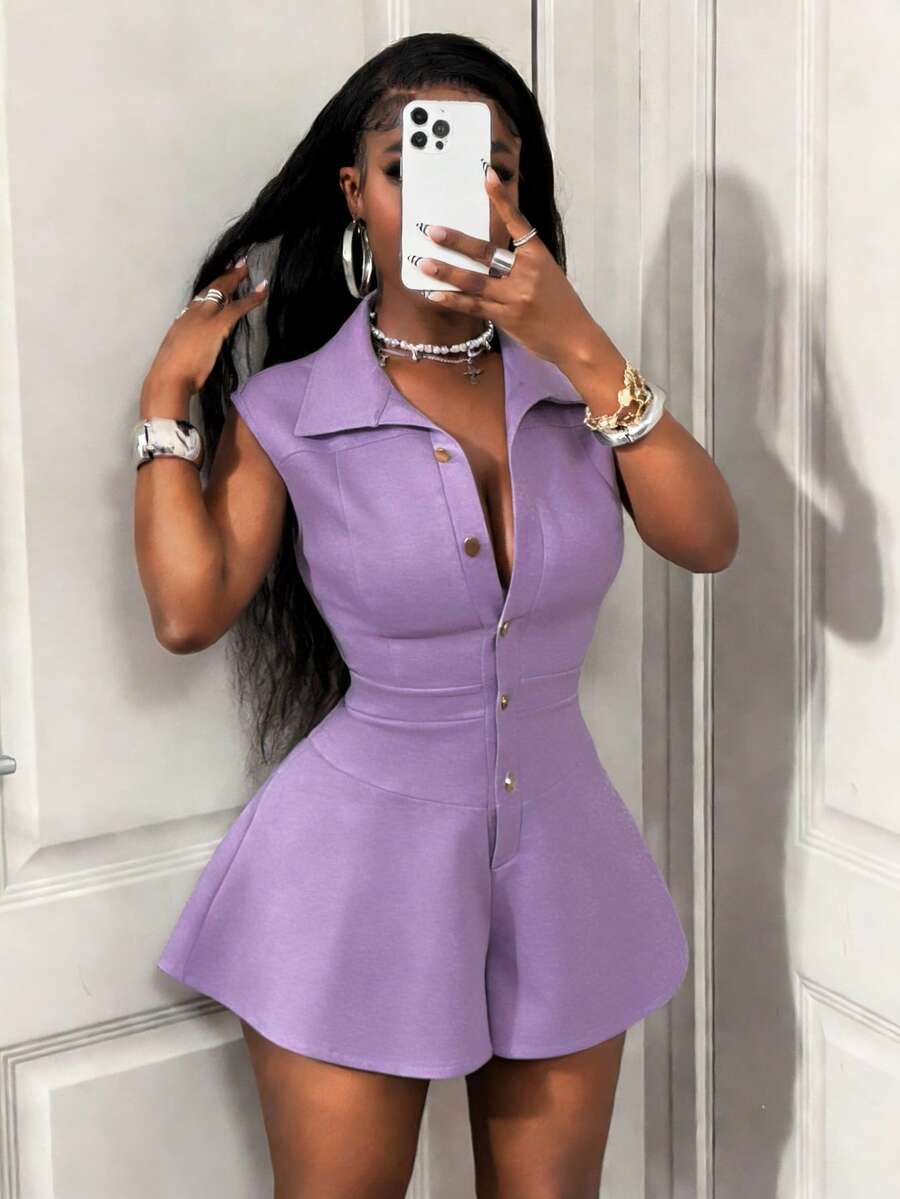 purple sleeveless collared romper with flared shorts
