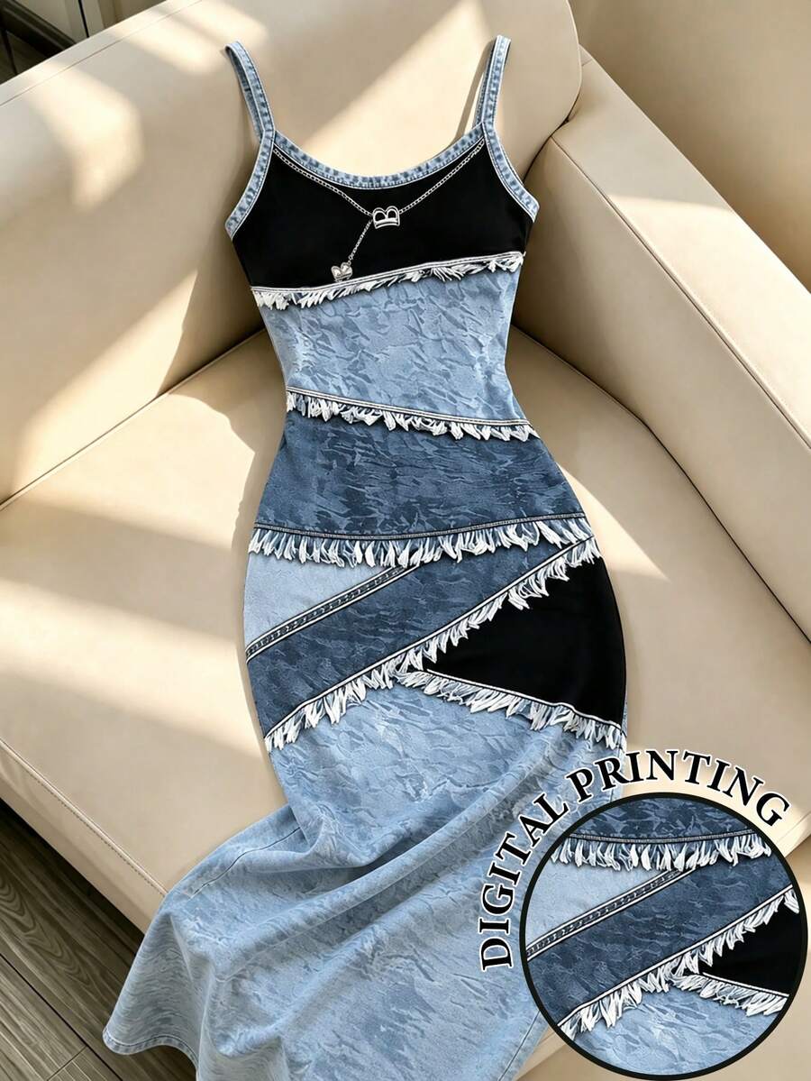 fringe trim denim spaghetti strap midi dress