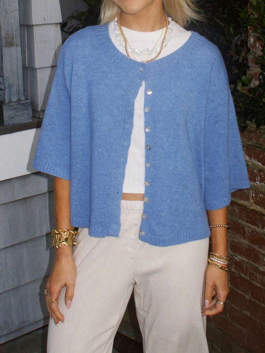blue short sleeve ribbed knit button down cardigan