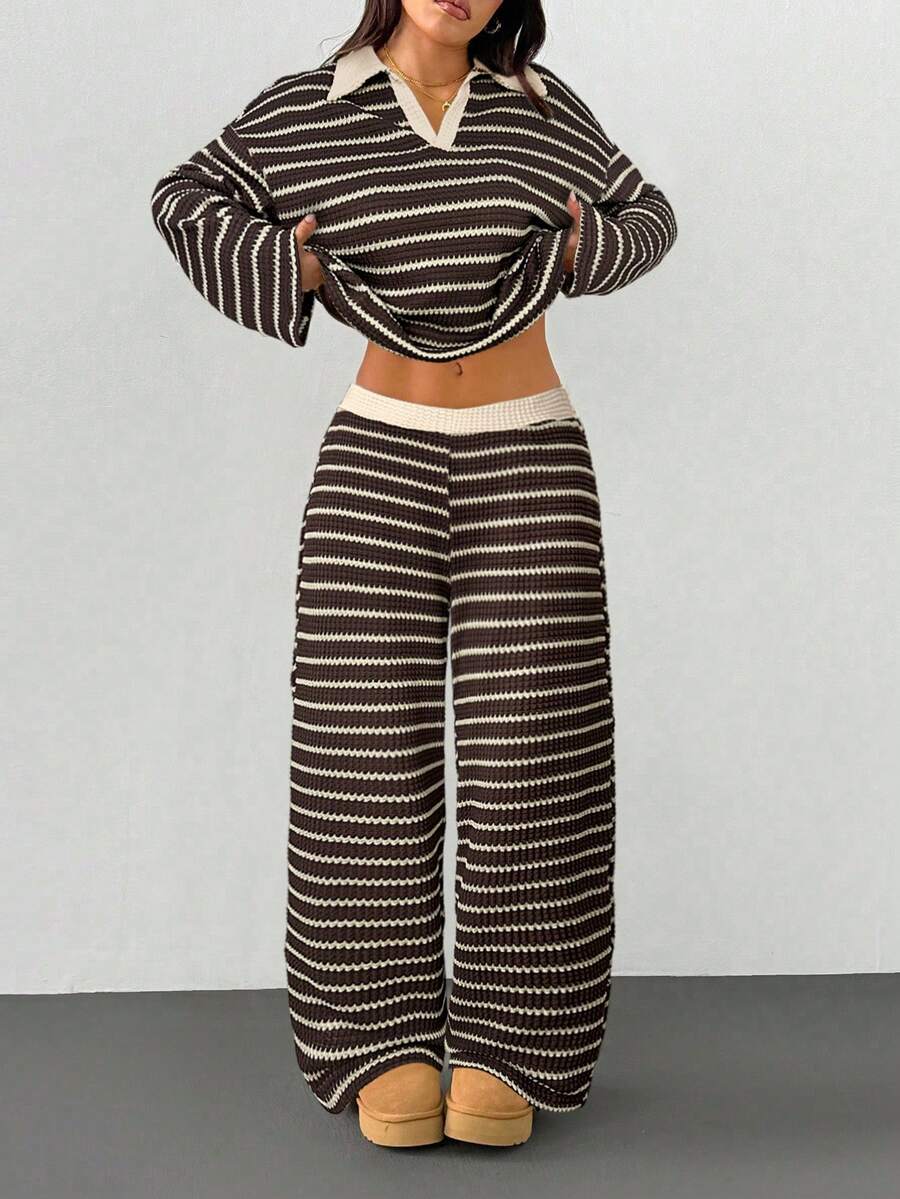 brown striped waffle knit long sleeve lounge set