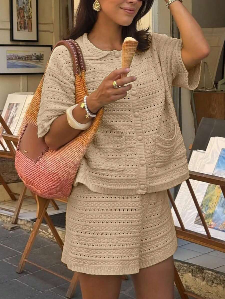khaki short sleeve buttoned knit cardigan