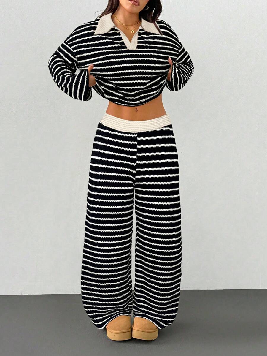 contrast striped waffle knit long sleeve lounge set
