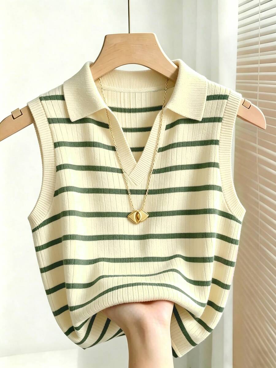 green and cream striped knit polo vest