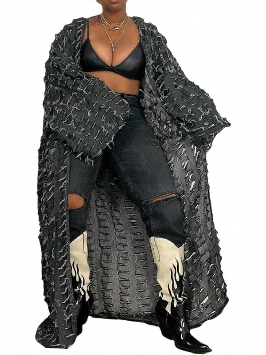 distressed black long duster coat