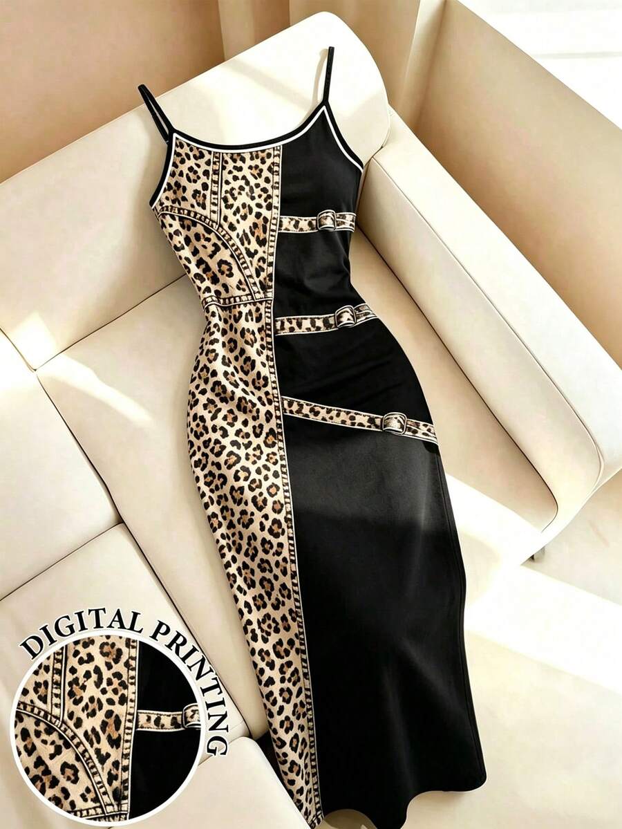 leopard print denim spaghetti strap midi dress