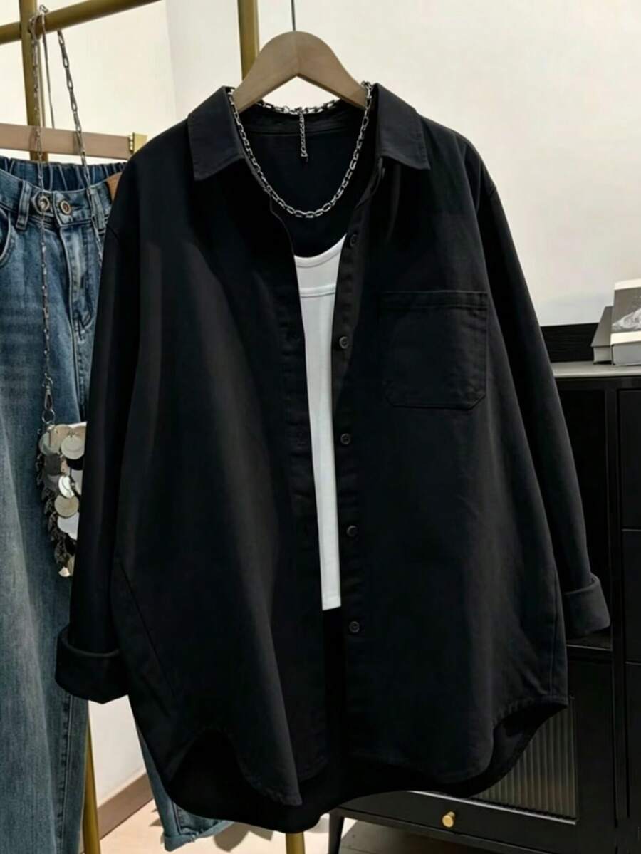 solid black cotton button-down casual shirt