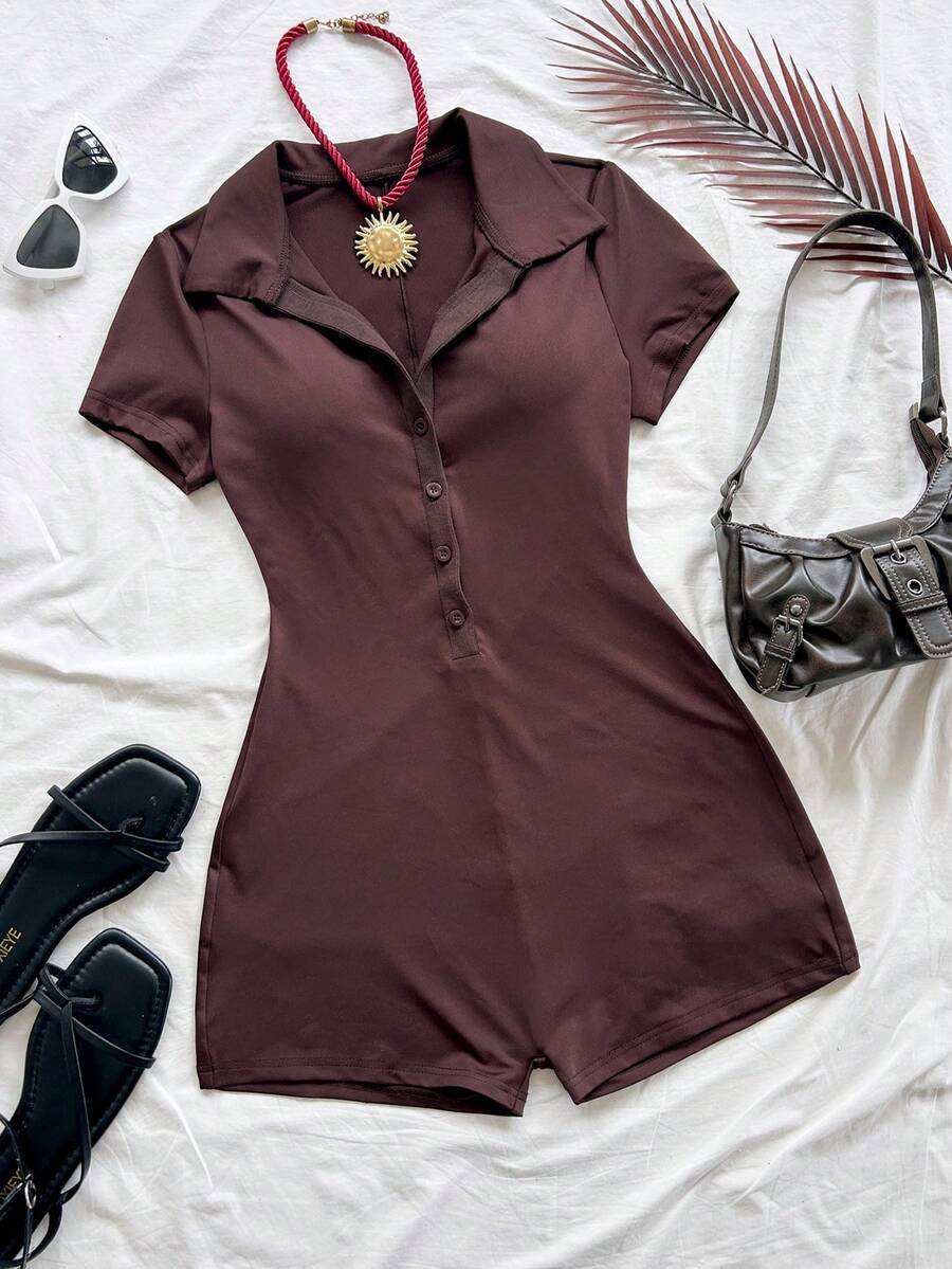 striped brown and blue collared playsuit