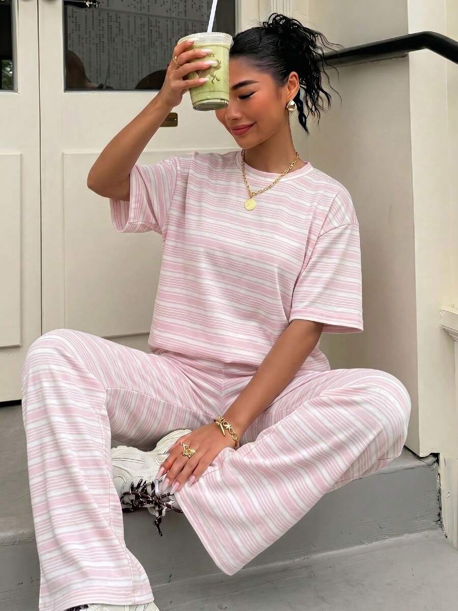 pastel pink and white striped knit casual trousers